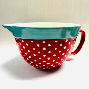 Retired The Pioneer Batter Bowl Stonware Red Polka Dot Turquoise